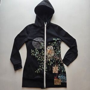 Womens Owl Graphic Zip Hoodie Tunic Dress Black Moon Gifts‎ Size Small Girlhood